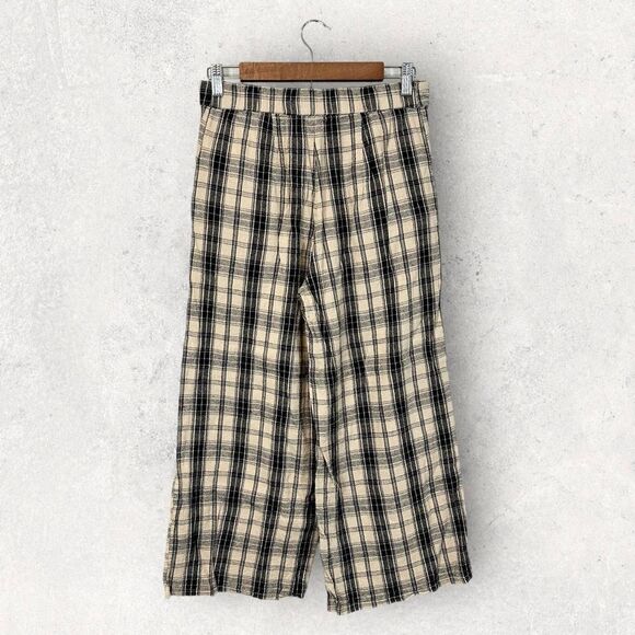 Hollister Ultra High Rise Pants Tan Brown Plaid Cropped Wide Leg Size M - Picture 2 of 13